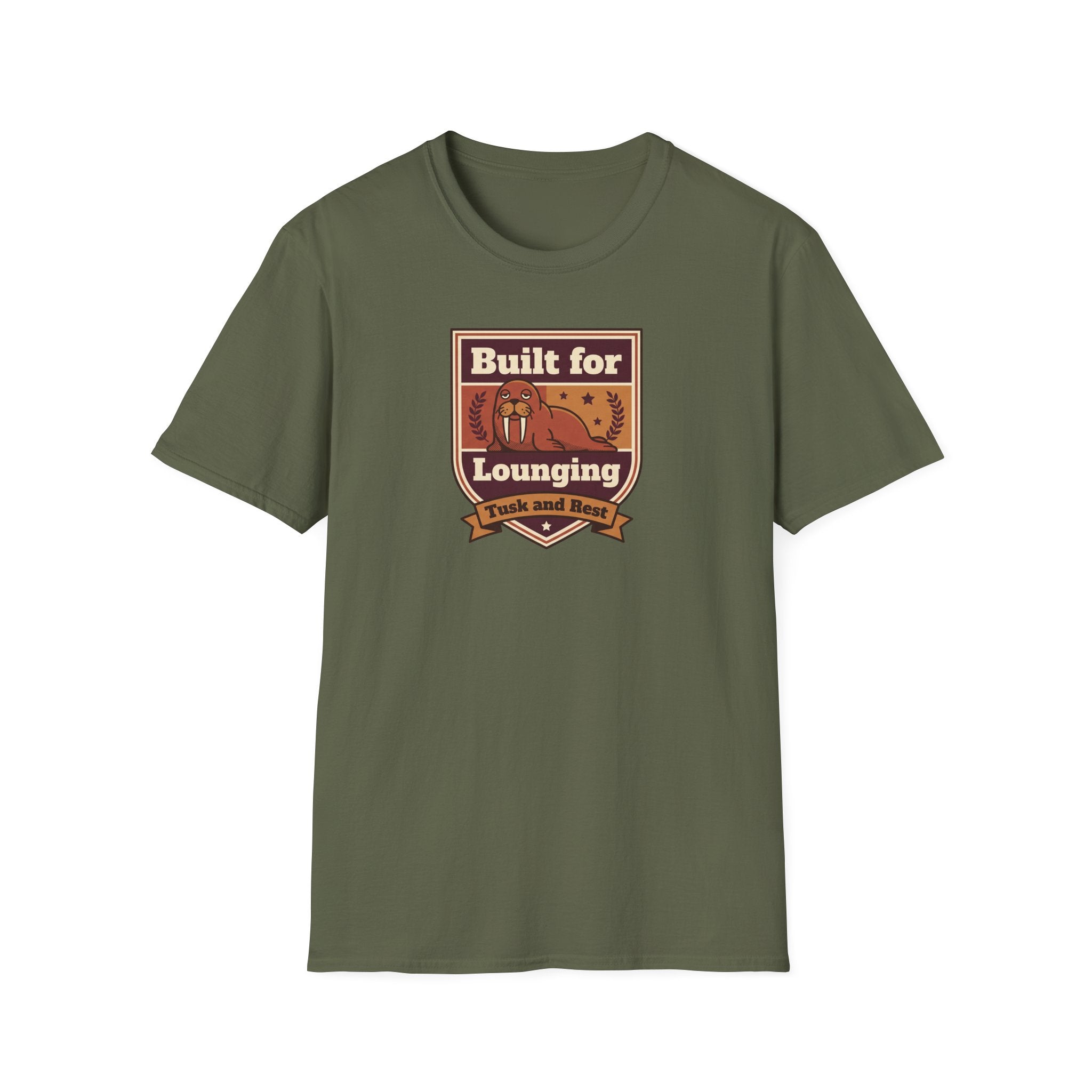 Olive green short-sleeve T-shirt with walrus logo graphic on chest