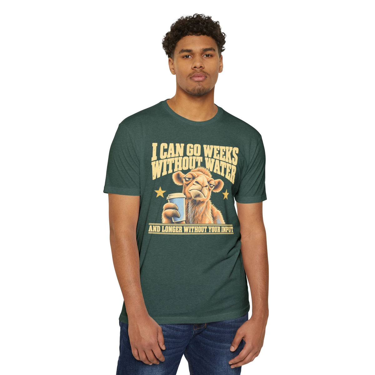 Green crew-neck short-sleeve t-shirt with camel water joke graphic on front