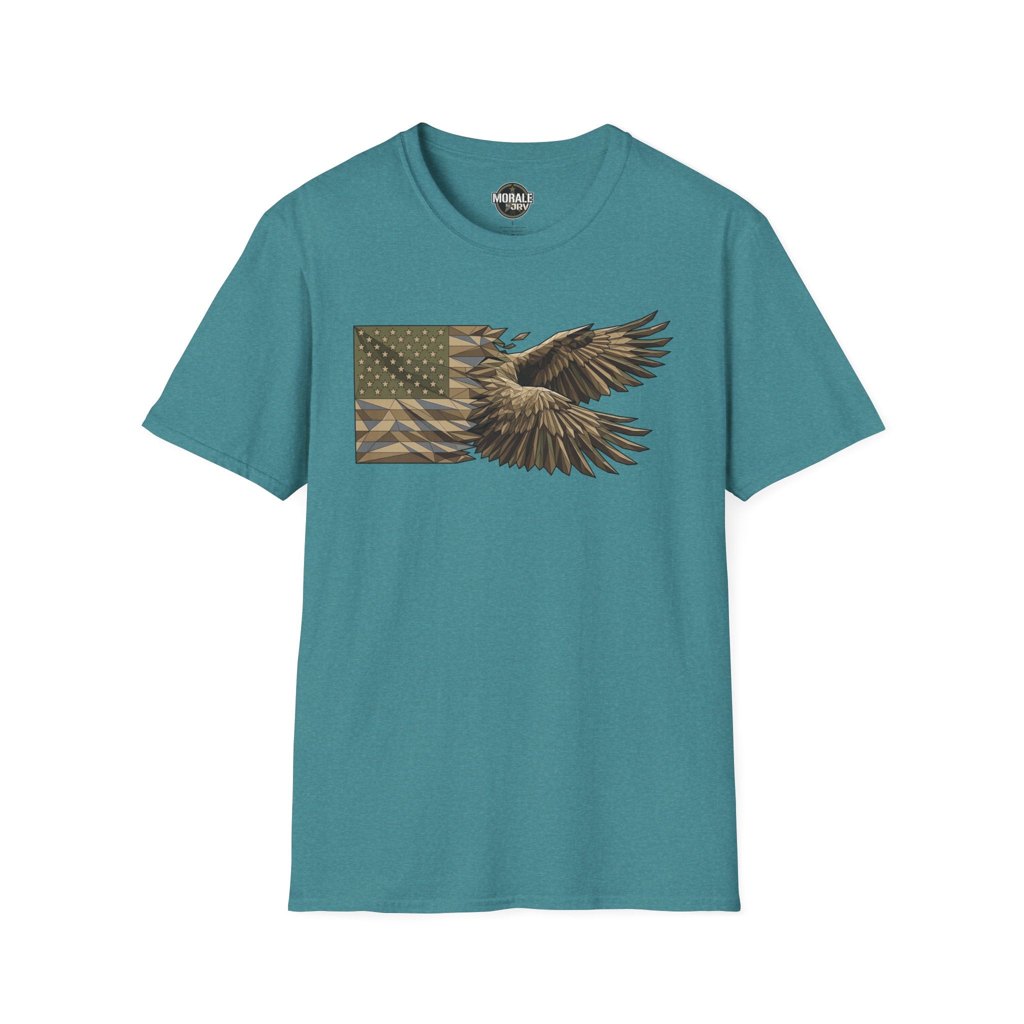 Patriotic camouflage T-shirt in teal with soaring bald eagle and American flag graphic