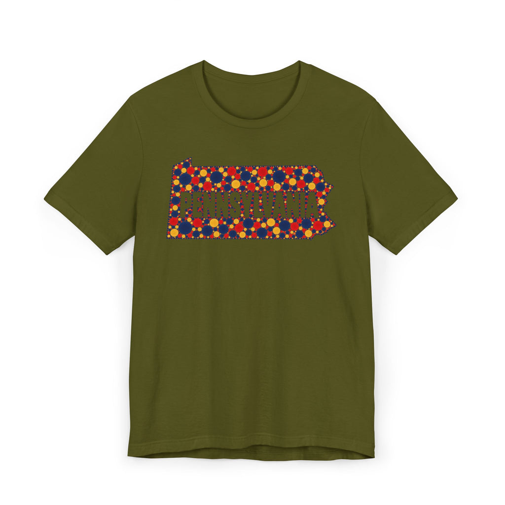 Forest green crew-neck t-shirt with colorful dotted Pennsylvania graphic on chest