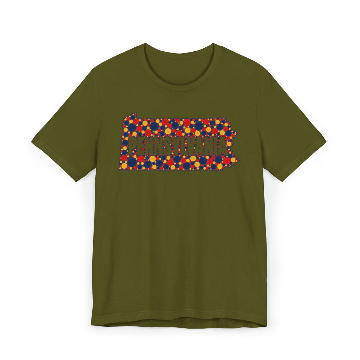 Forest green crew-neck t-shirt with colorful dotted Pennsylvania graphic on chest