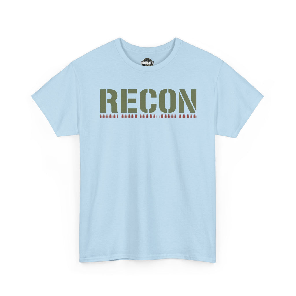 Stencil text T-shirt in light blue with large RECON graphic and red underline