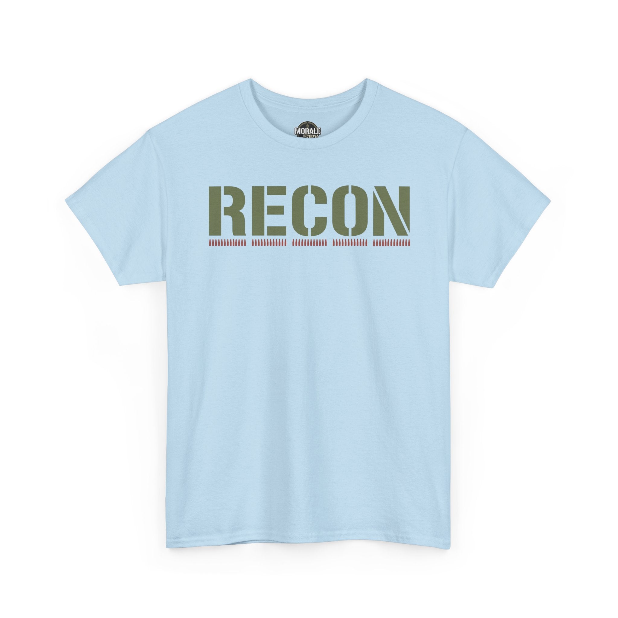 Stencil text T-shirt in light blue with large RECON graphic and red underline