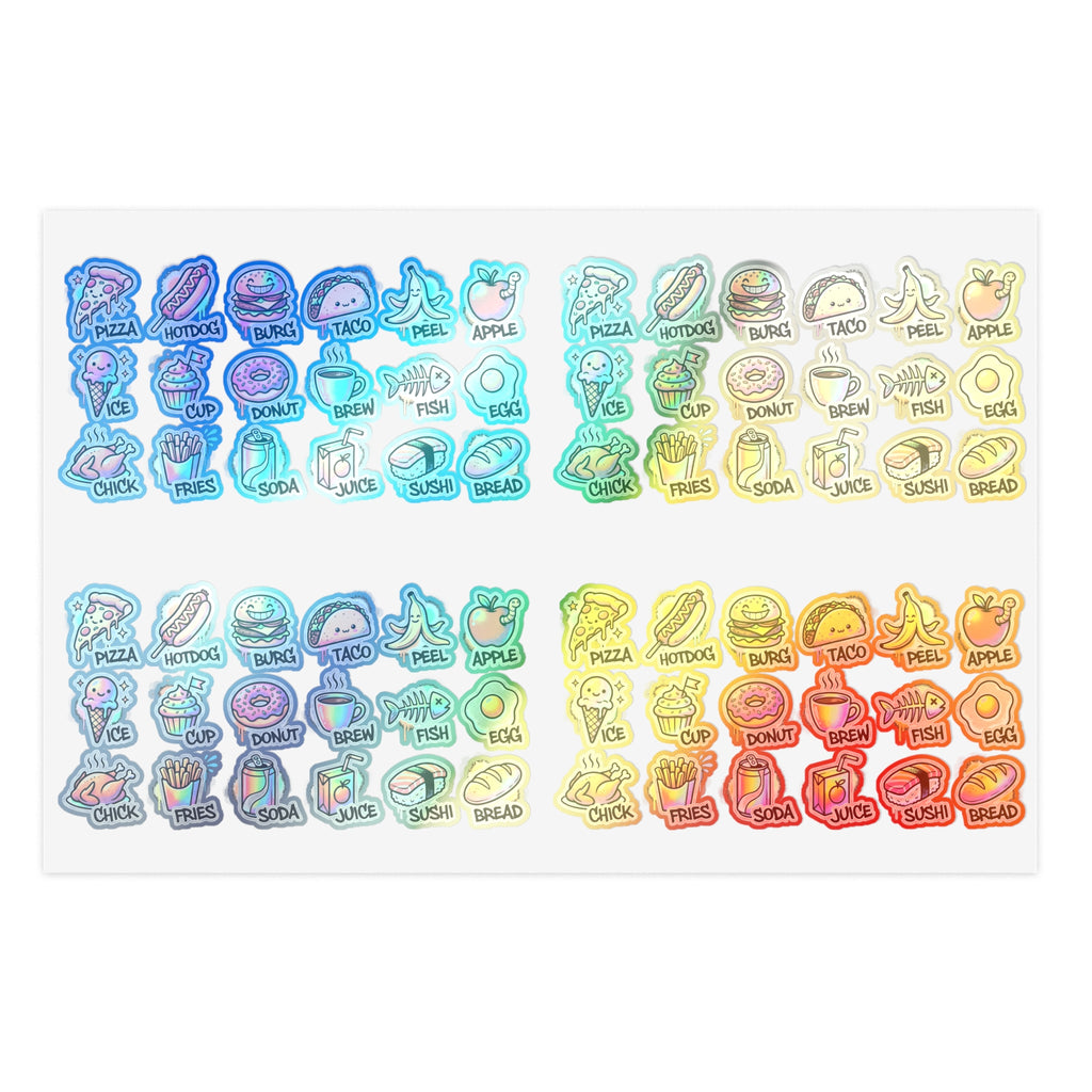Holographic-style food icon sticker sheet with mini snacks icons in blue and rainbow tones