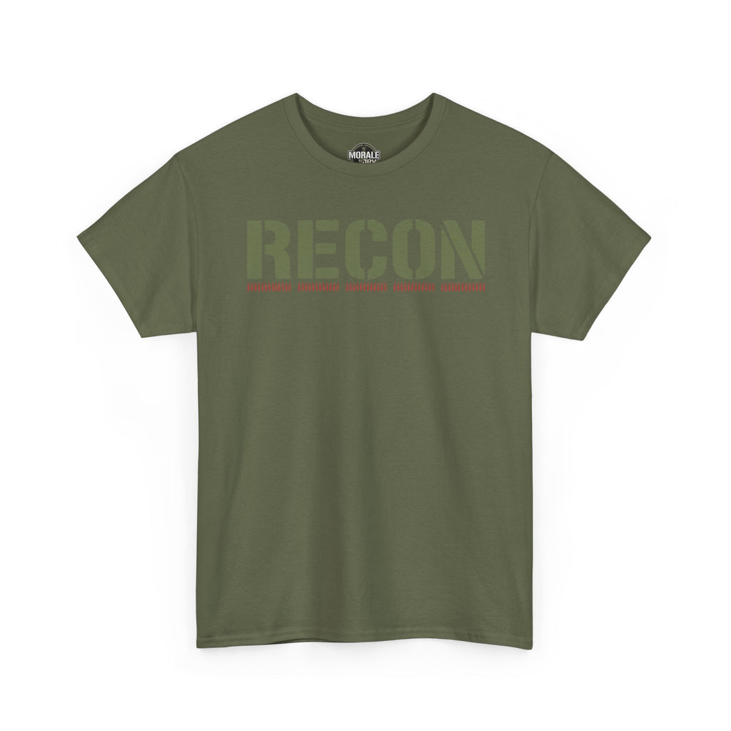 Stencil text T-shirt in military green with large RECON graphic and red line detail