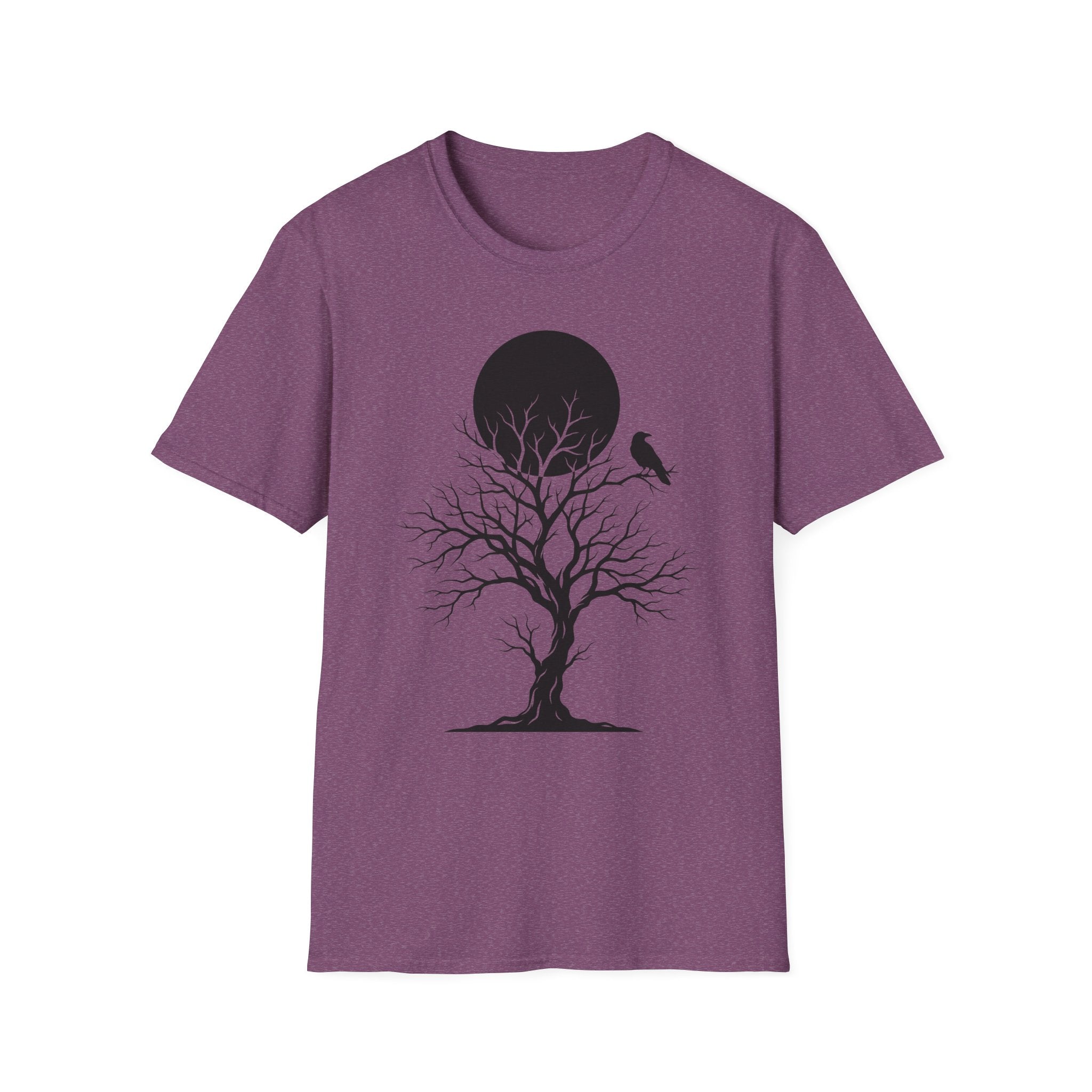 Purple Raven Moon T-shirt with black tree silhouette, bird, and moon circle graphic