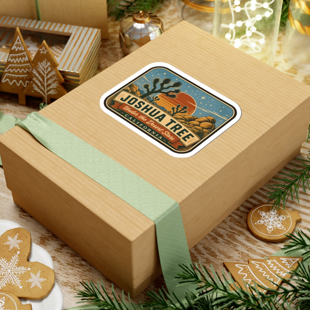 Joshua Tree sticker on a gift box lid with desert stars and Joshua tree graphic inside border.