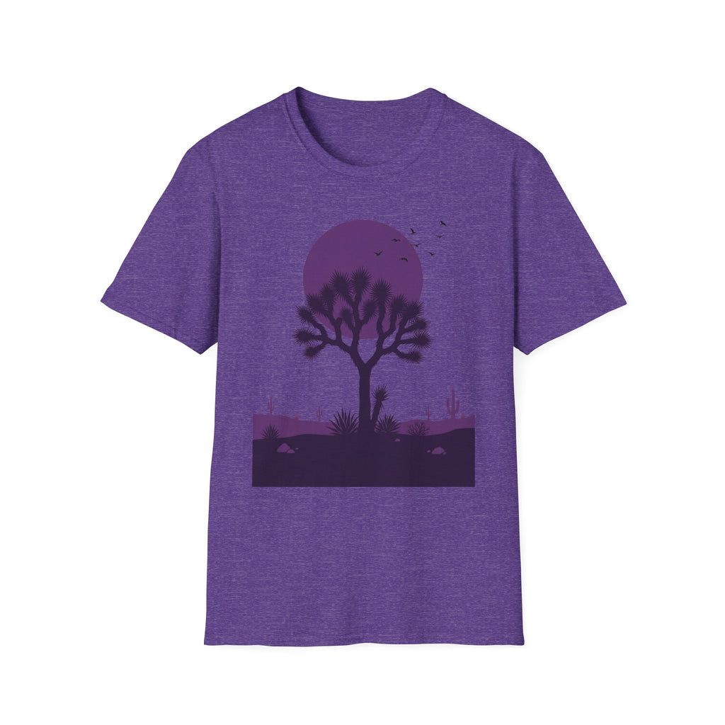 Heather purple T-shirt featuring purple moon, silhouetted Joshua tree and desert scene