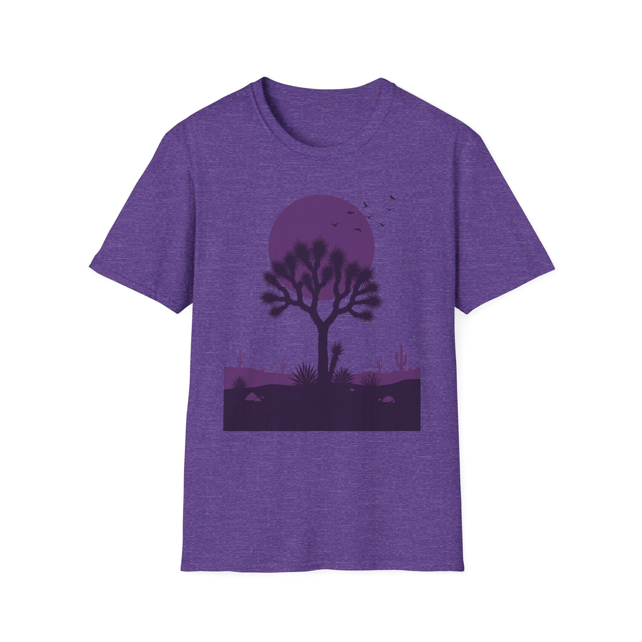 Heather purple T-shirt featuring purple moon, silhouetted Joshua tree and desert scene