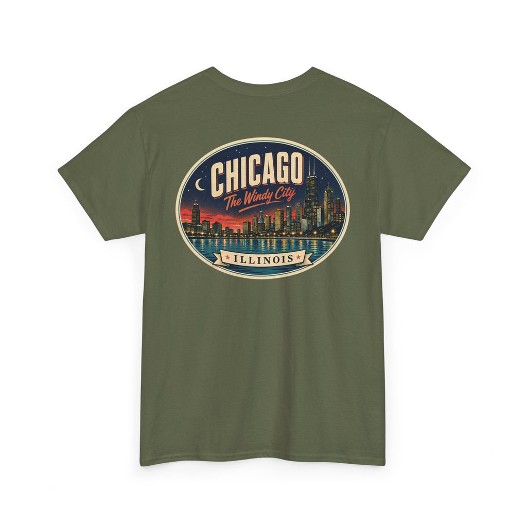 Military green crew-neck T-shirt with large round Chicago city badge graphic