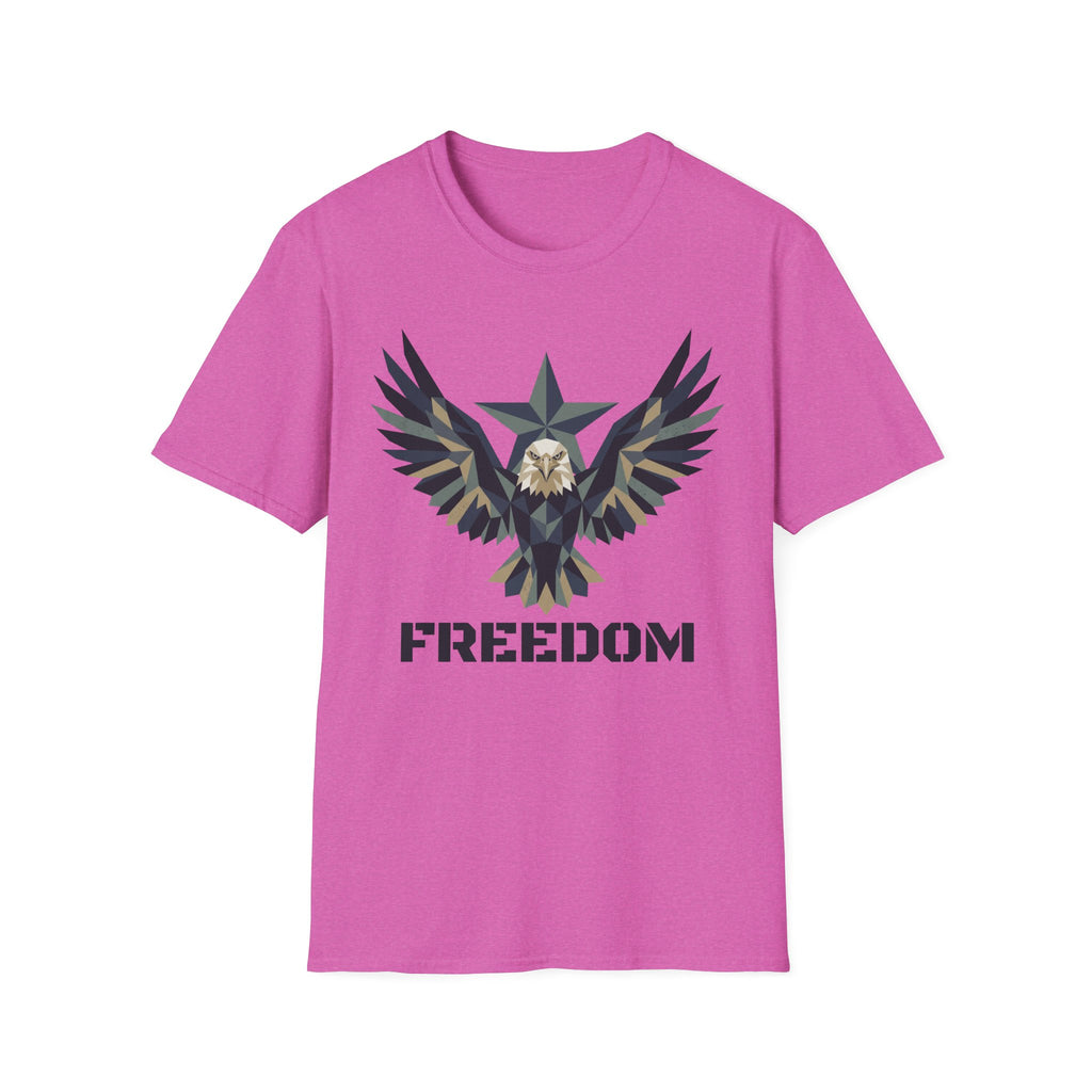 Bright pink eagle camo graphic T-shirt with winged emblem and “FREEDOM” text
