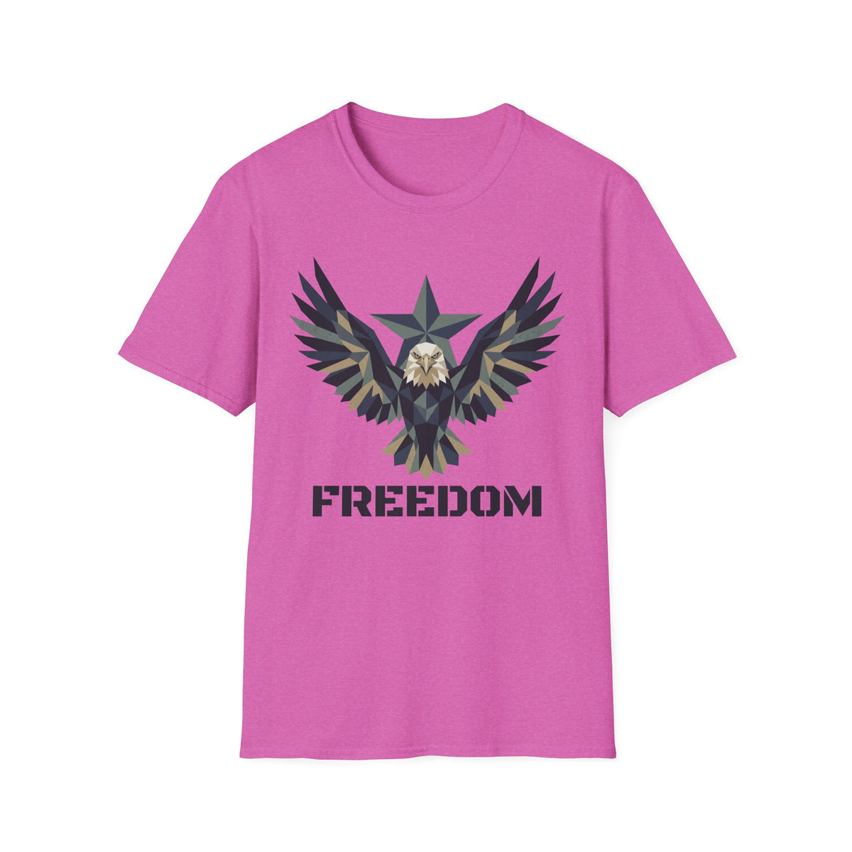Bright pink eagle camo graphic T-shirt with winged emblem and “FREEDOM” text