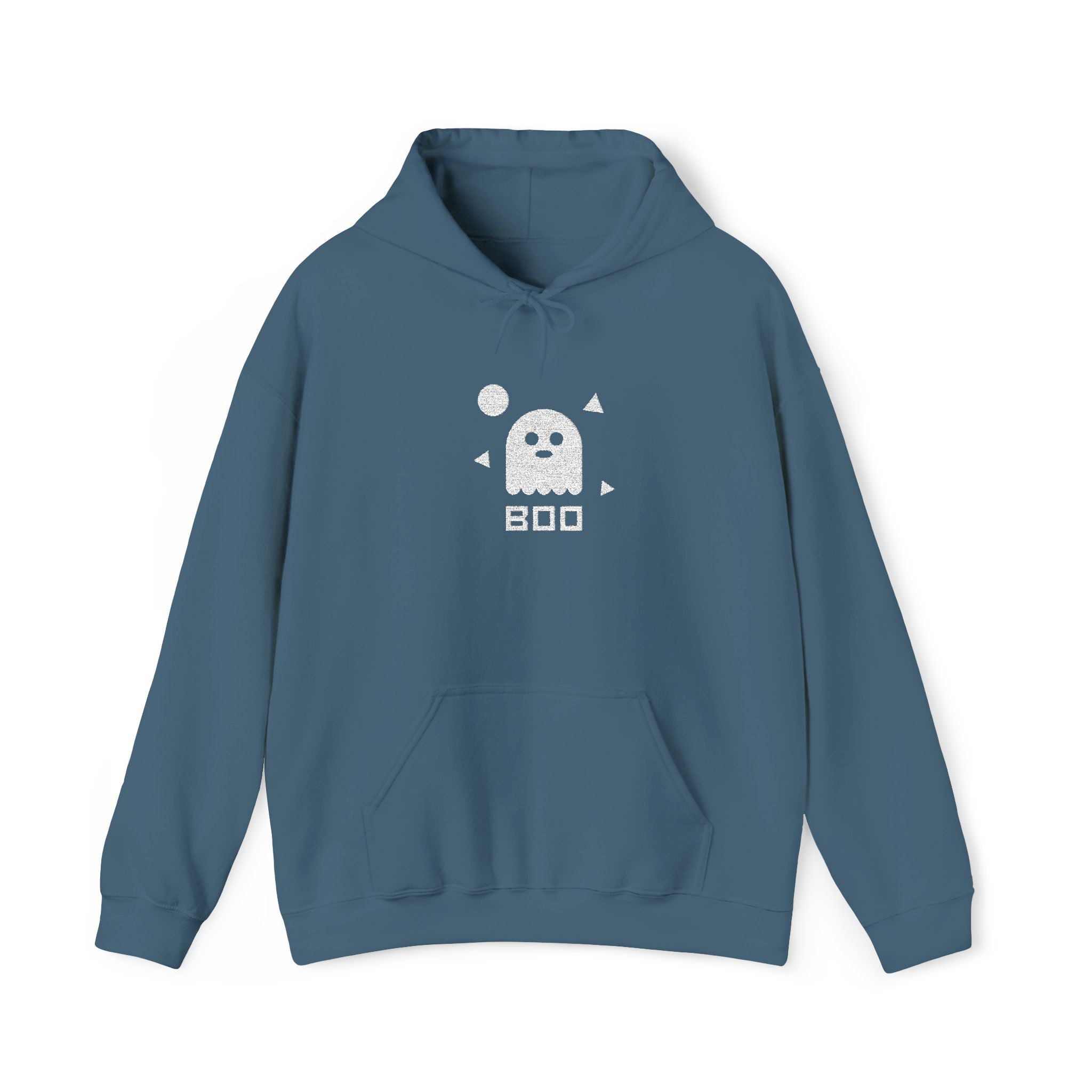 Teal blue hoodie with white ghost graphic and BOO text, front pocket and hood.