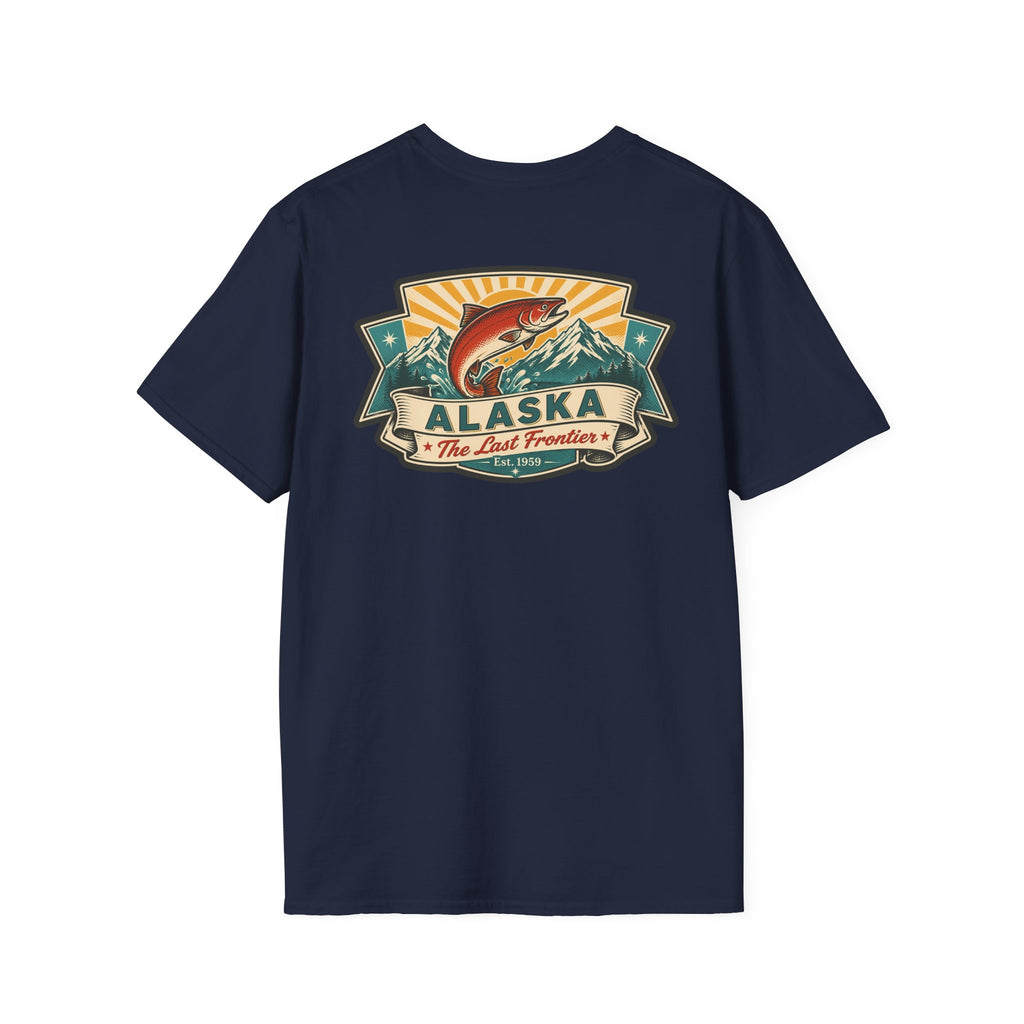 Souvenir T-shirt in navy with Alaska badge salmon mountain front print