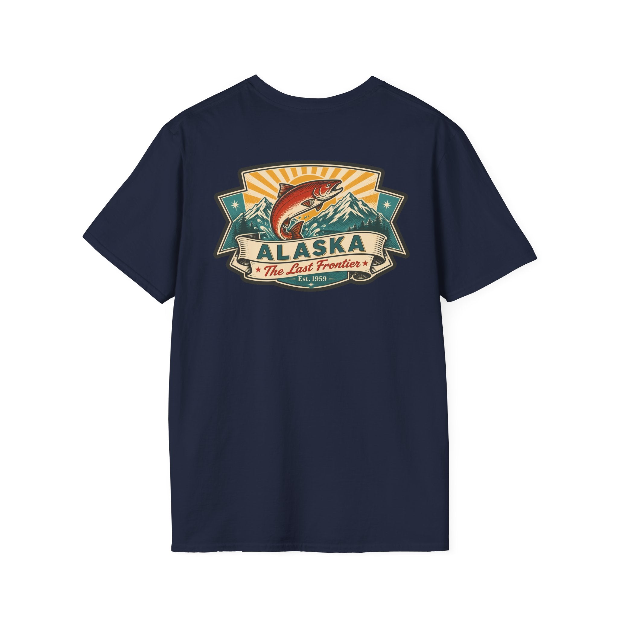Souvenir T-shirt in navy with Alaska badge salmon mountain front print