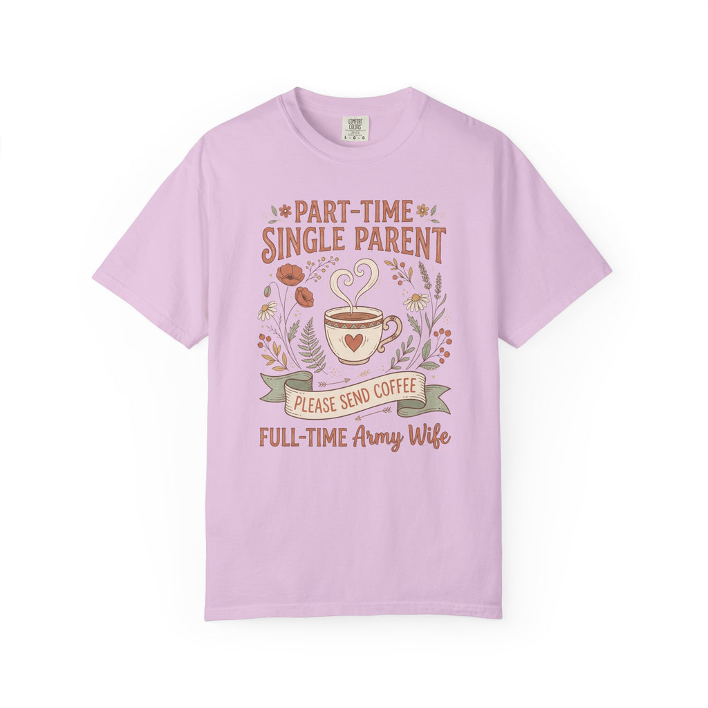 Lavender t-shirt with coffee and floral text graphic, short sleeves