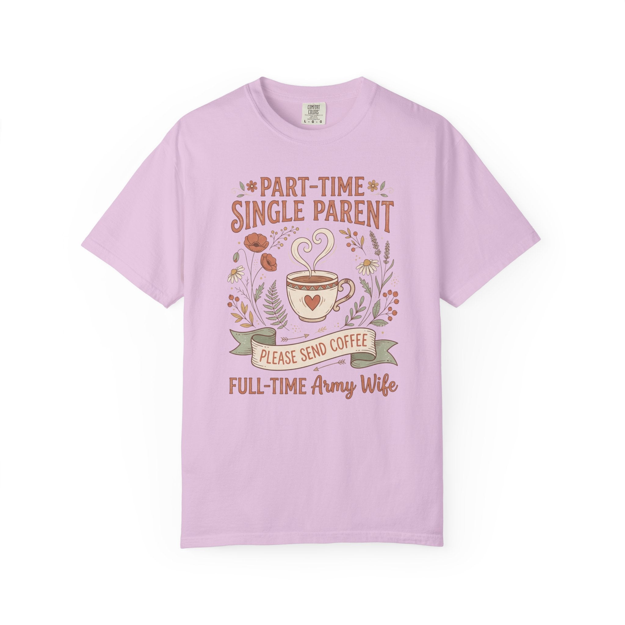 Lavender t-shirt with coffee and floral text graphic, short sleeves