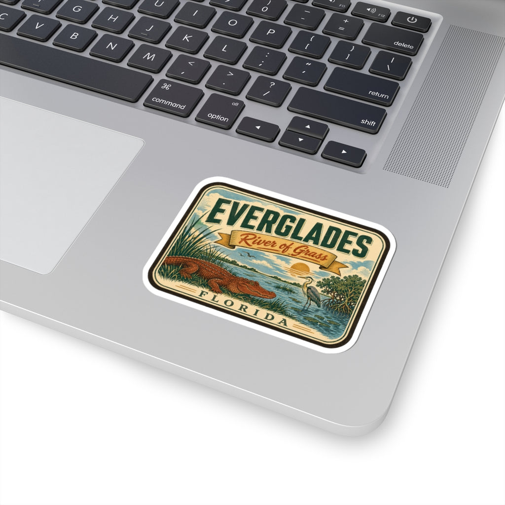 Everglades River of Grass Florida travel sticker on a laptop keyboard surface.