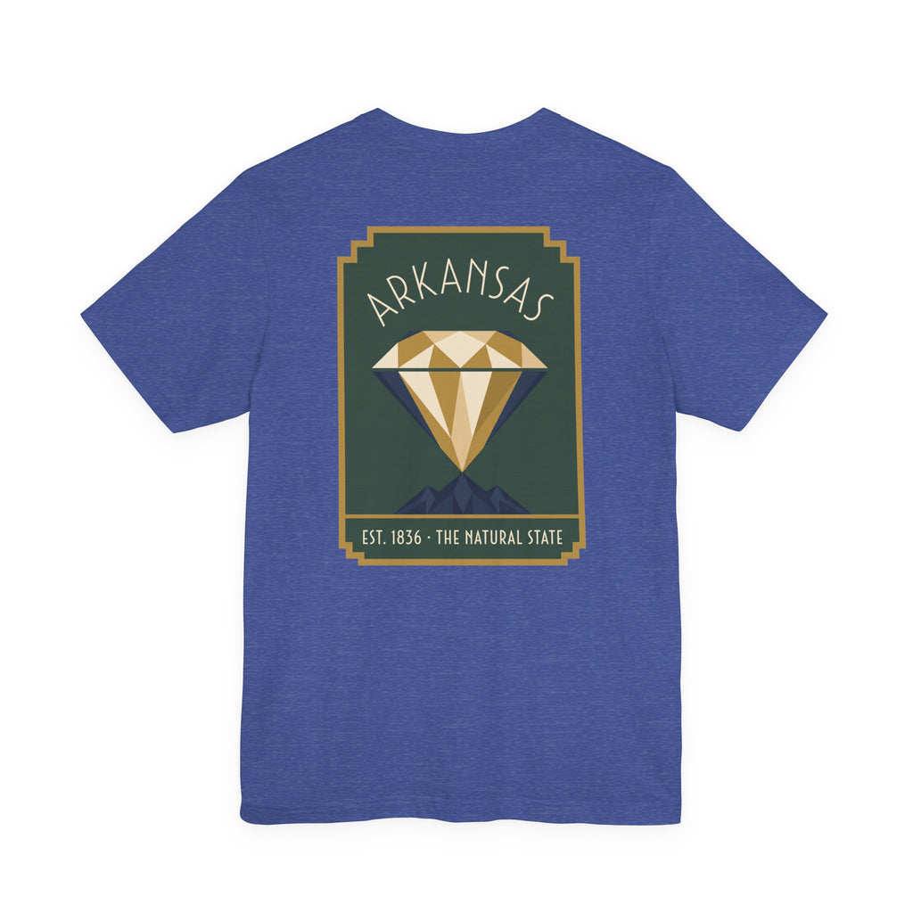 Heather true royal blue T-shirt with Arkansas diamond art deco graphic, Est. 1836