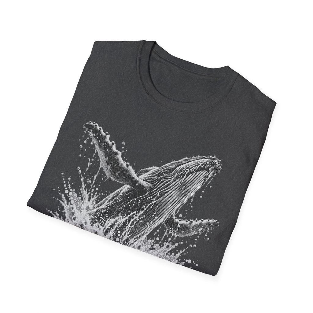 Dark heather crew-neck T-shirt with white whale breaching graphic and spray.