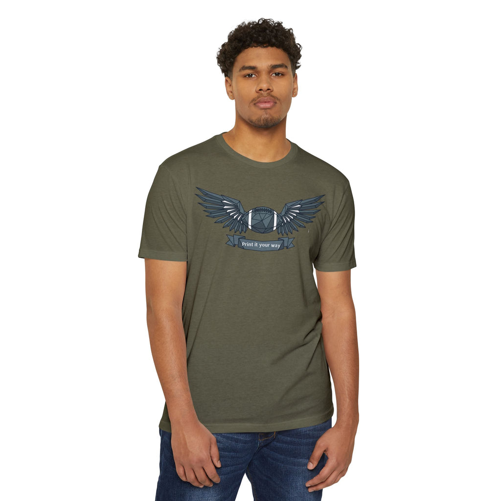 Olive green crewneck T-shirt with winged camera emblem graphic on chest