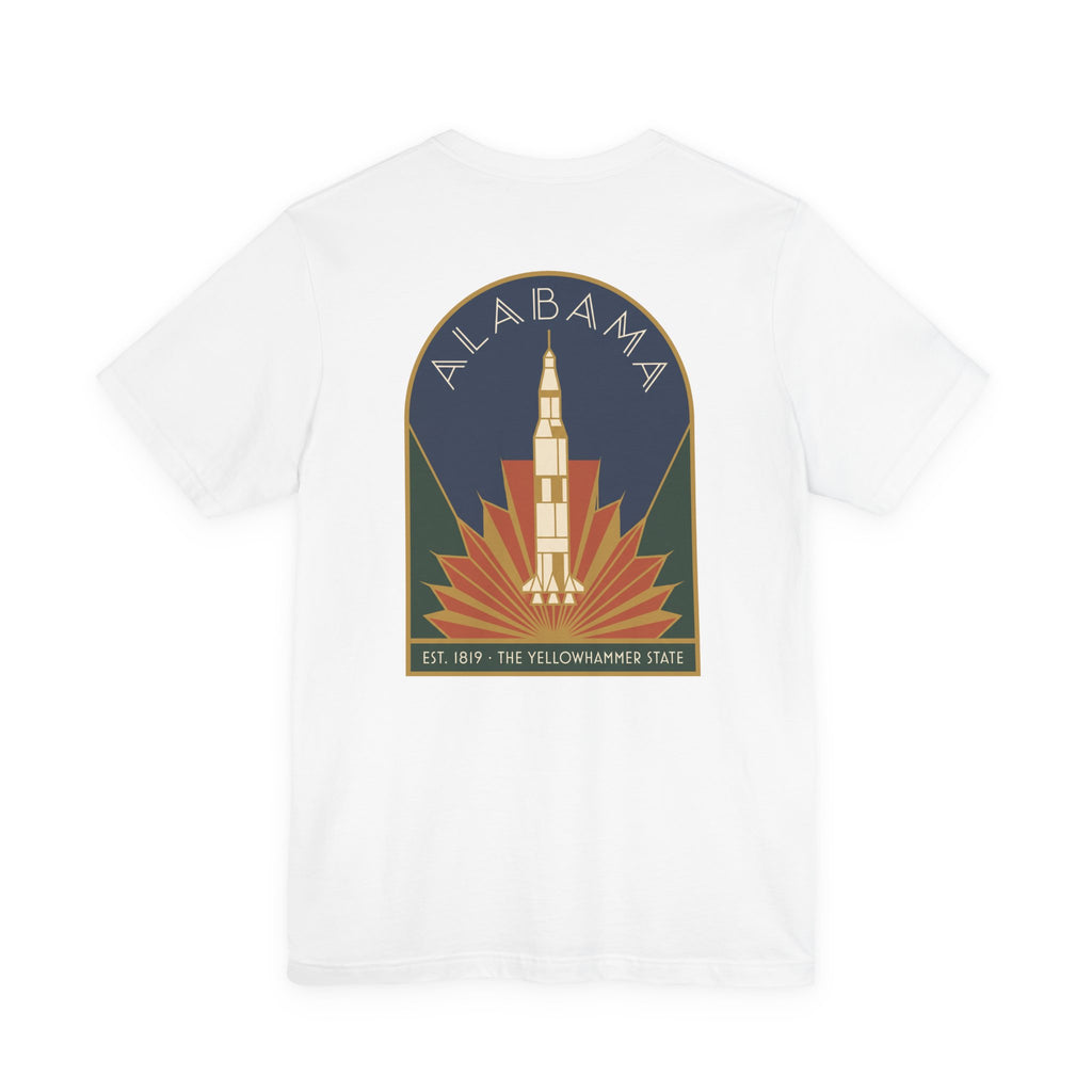White T-shirt with Alabama rocket emblem graphic centered on back