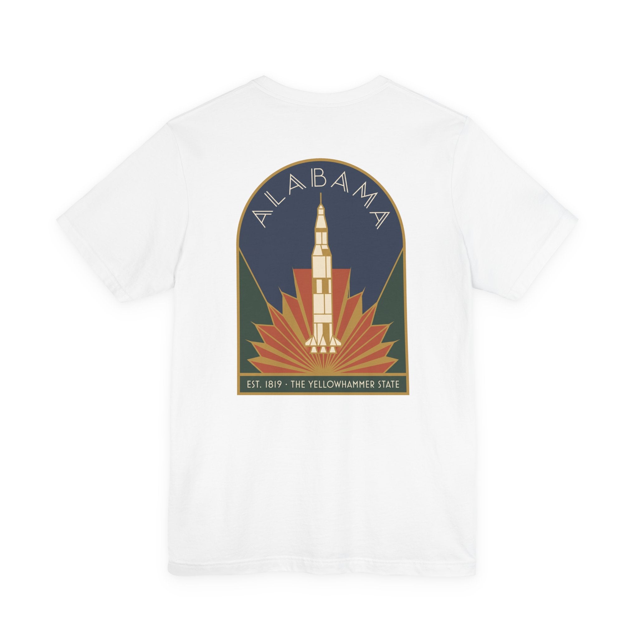 White T-shirt with Alabama rocket emblem graphic centered on back