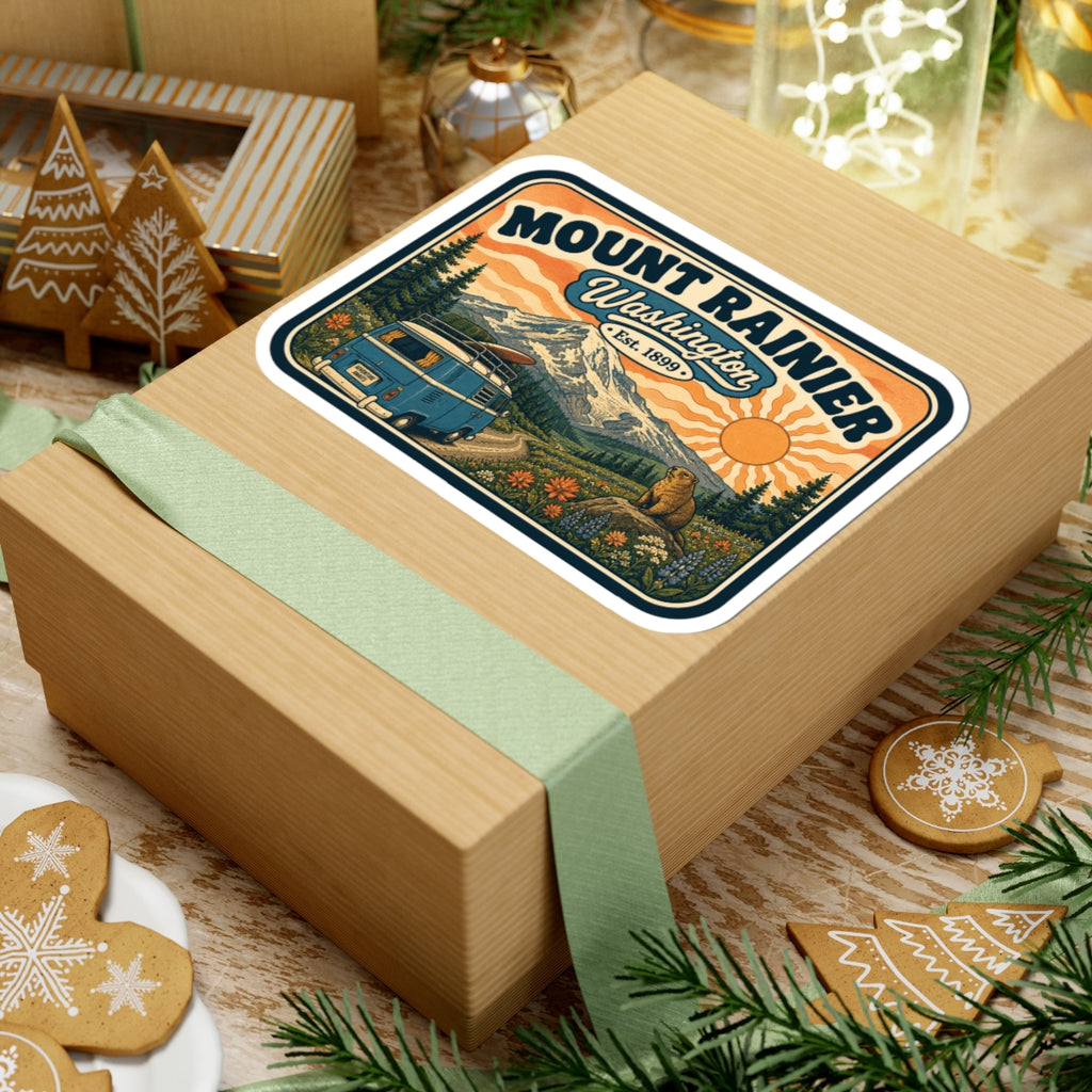 Mount Rainier sticker on gift box top, vintage camper van, mountains, bear, pine trees