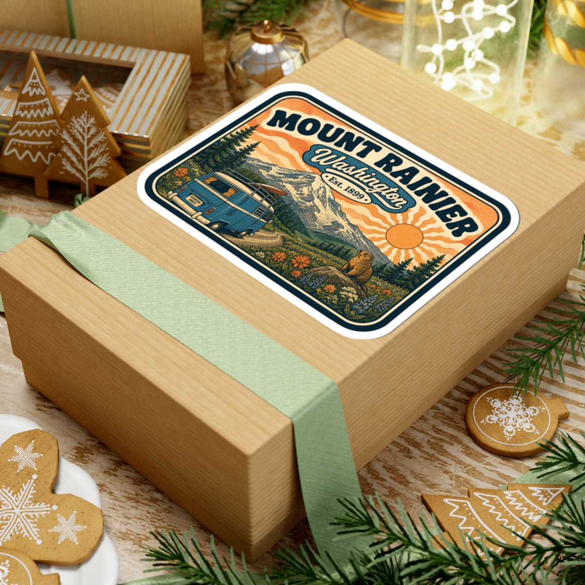 Mount Rainier sticker on gift box top, vintage camper van, mountains, bear, pine trees