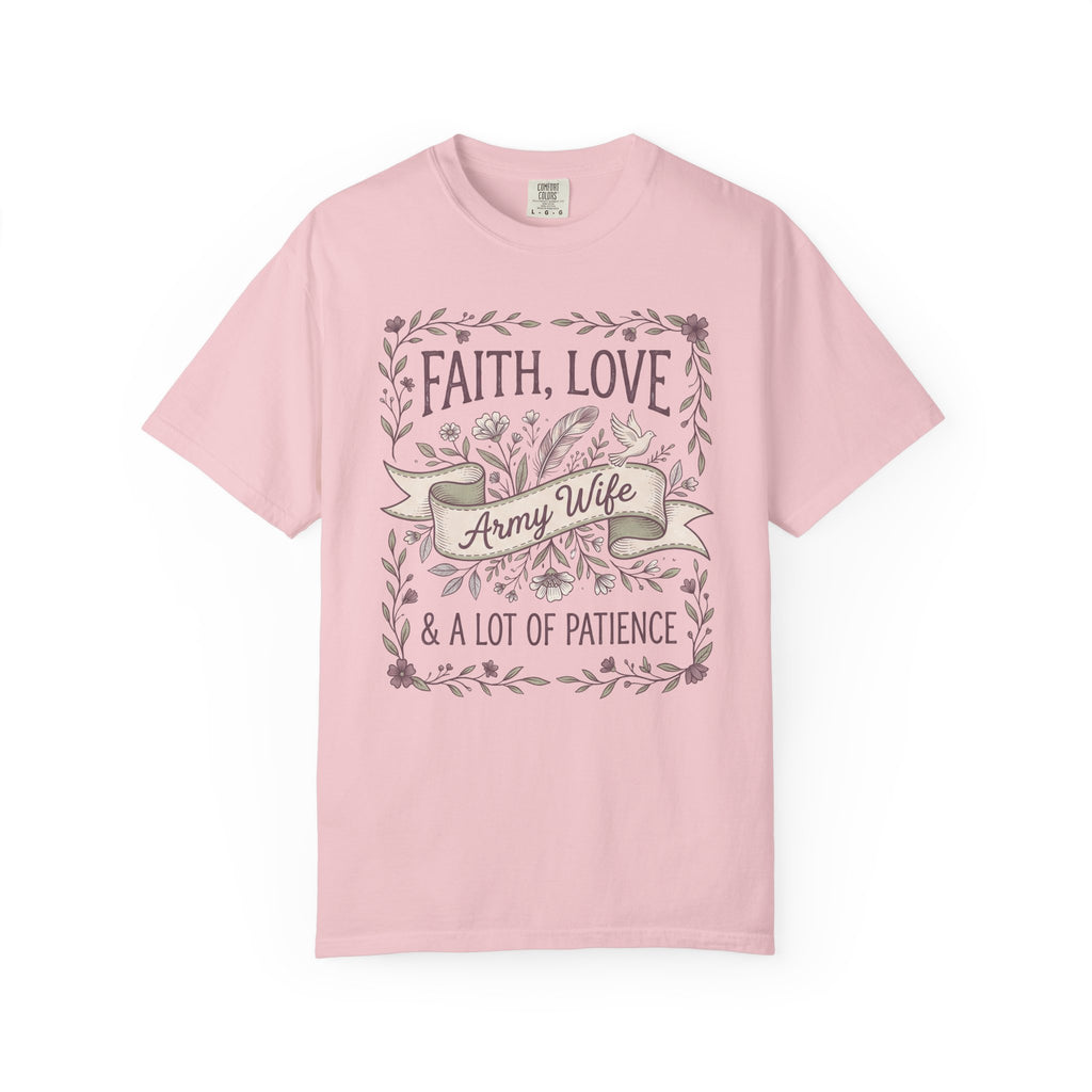 Pink crewneck T-shirt with floral "Faith Love & A Lot of Patience" print