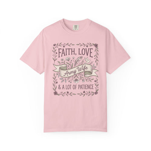 Pink crewneck T-shirt with floral "Faith Love & A Lot of Patience" print