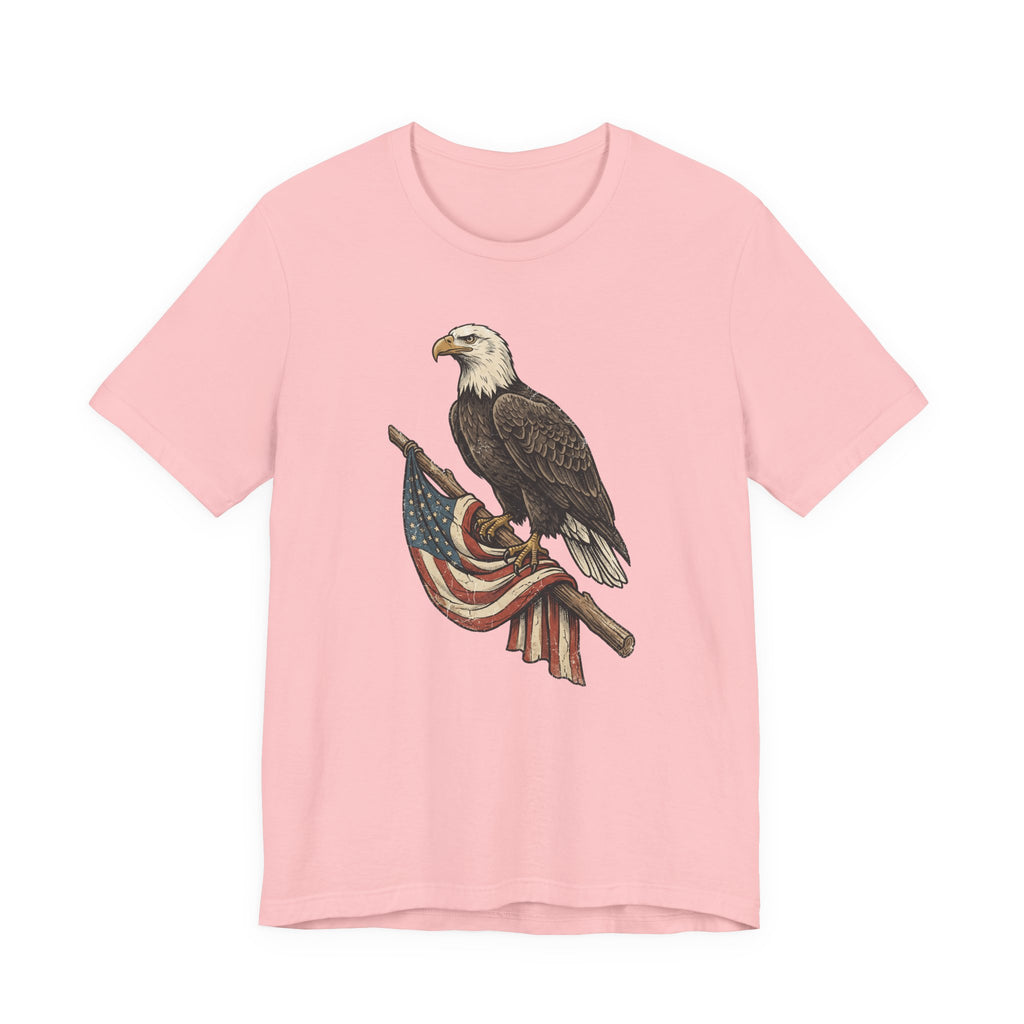 Pink crewneck t-shirt with vintage eagle and American flag graphic on front