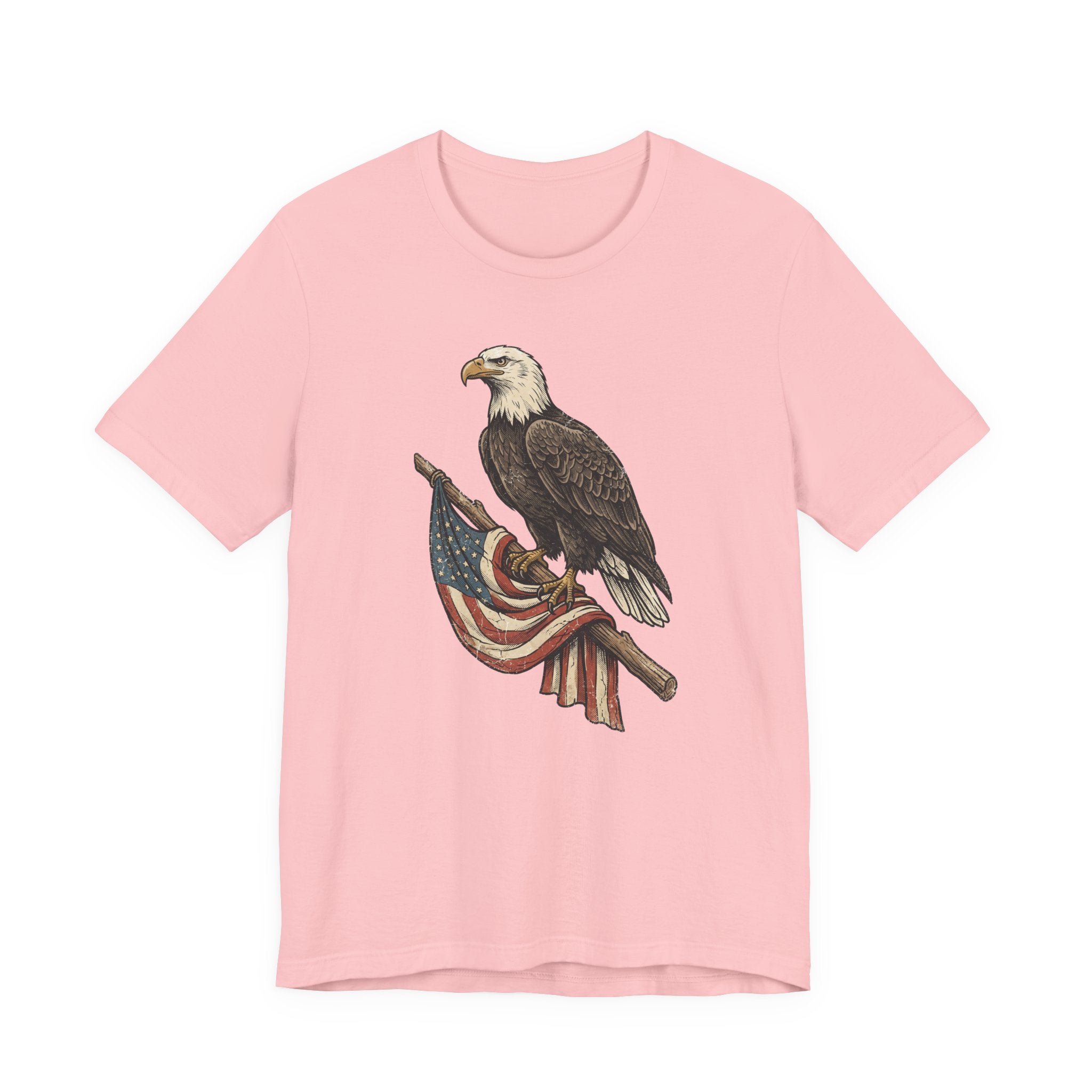 Pink crewneck t-shirt with vintage eagle and American flag graphic on front