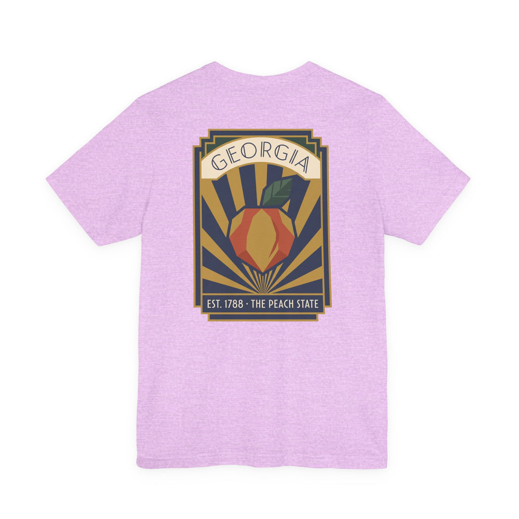Peach-state graphic t-shirt in lavender with centered Georgia emblem poster print
