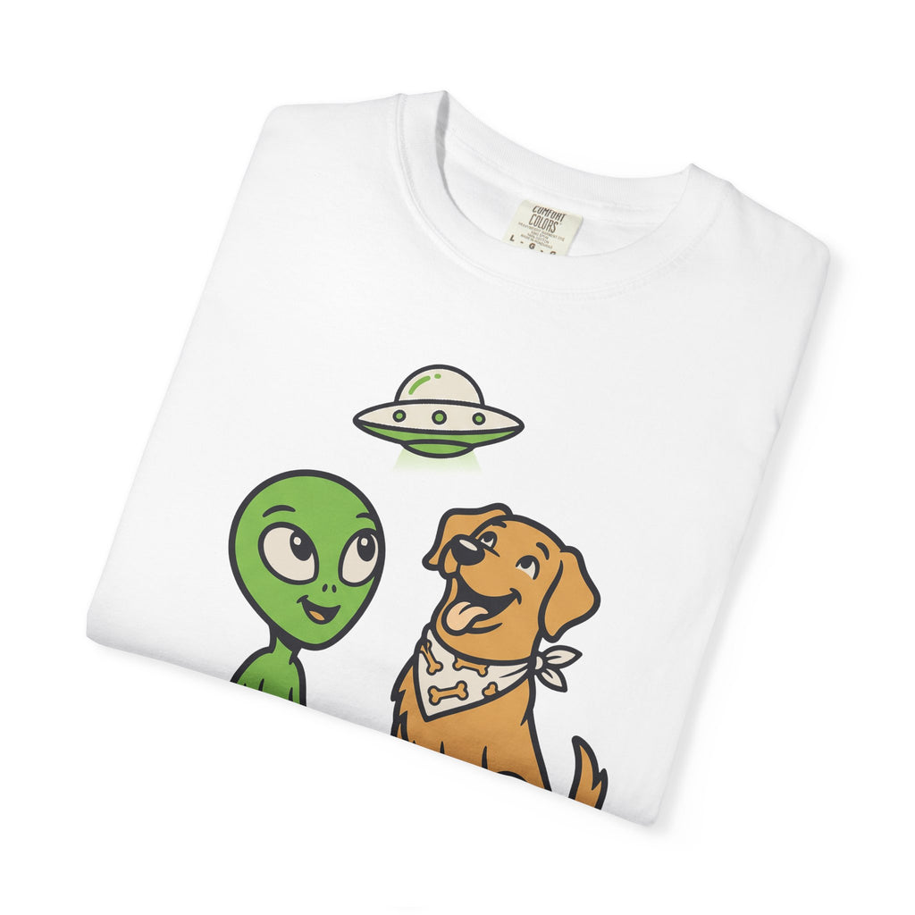 White T-shirt with alien and dog faces print