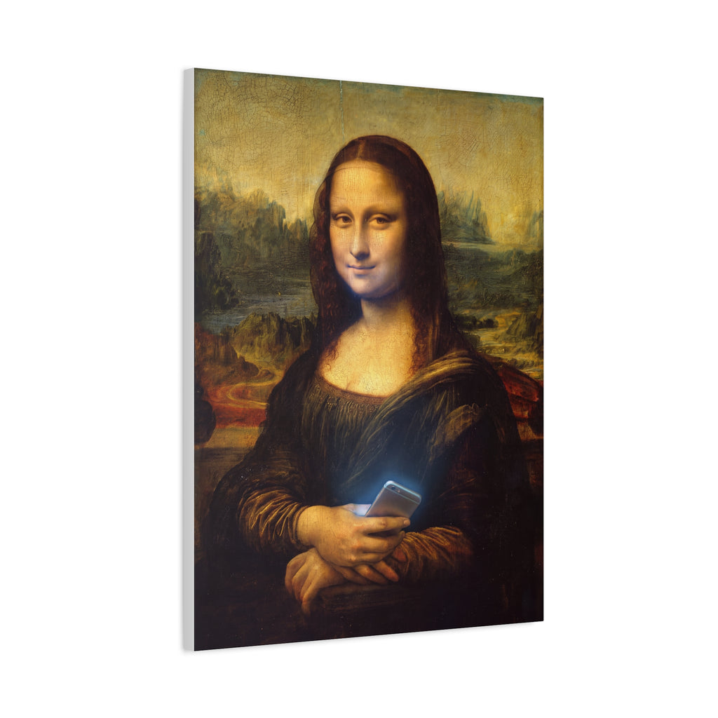 Matte canvas print of Mona Lisa holding a smartphone, portrait canvas on board