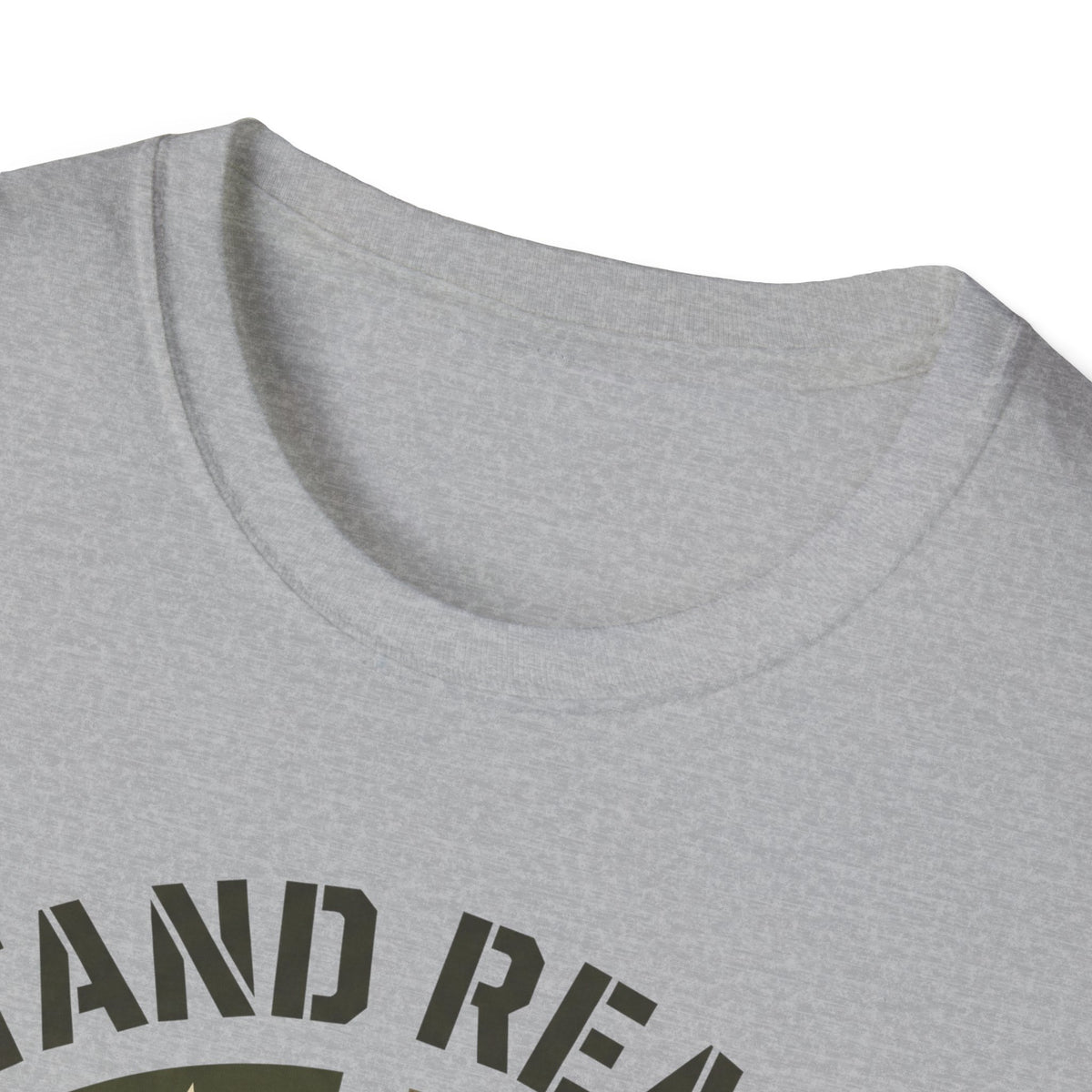 Dark gray crew-neck T-shirt neckline, close-up
