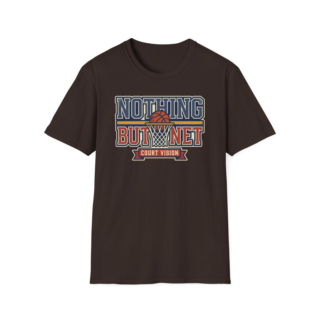 Dark basketball T-shirt with “Nothing But Net” court vision graphic, flat front