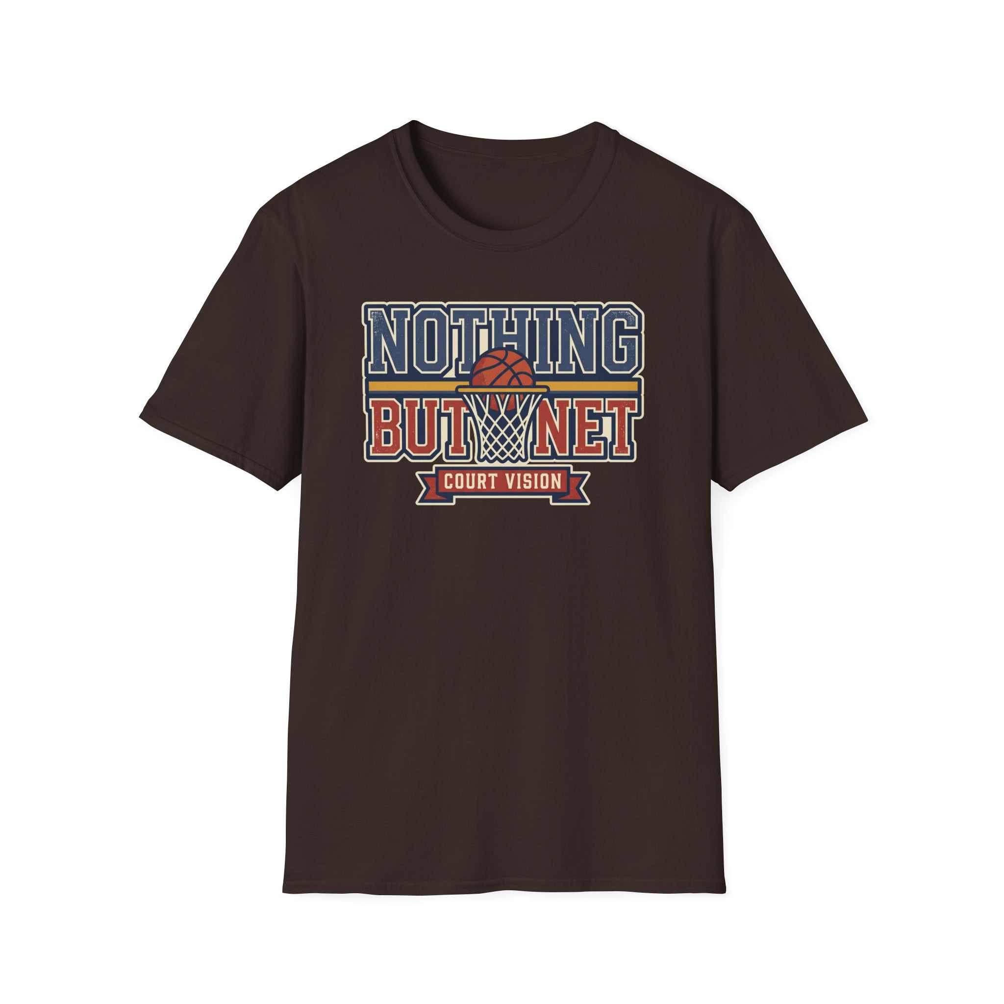 Dark basketball T-shirt with “Nothing But Net” court vision graphic, flat front