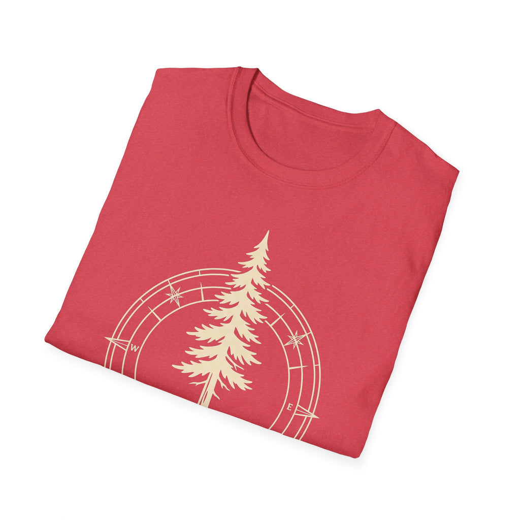 Pine Tree Mountain compass T-shirt in red with pine tree and compass ring graphic