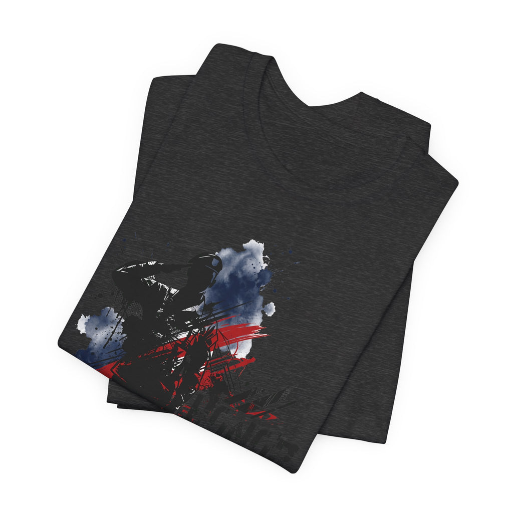 Dark heather T-shirt with soldier silhouette graphic and red-blue splatter paint effect