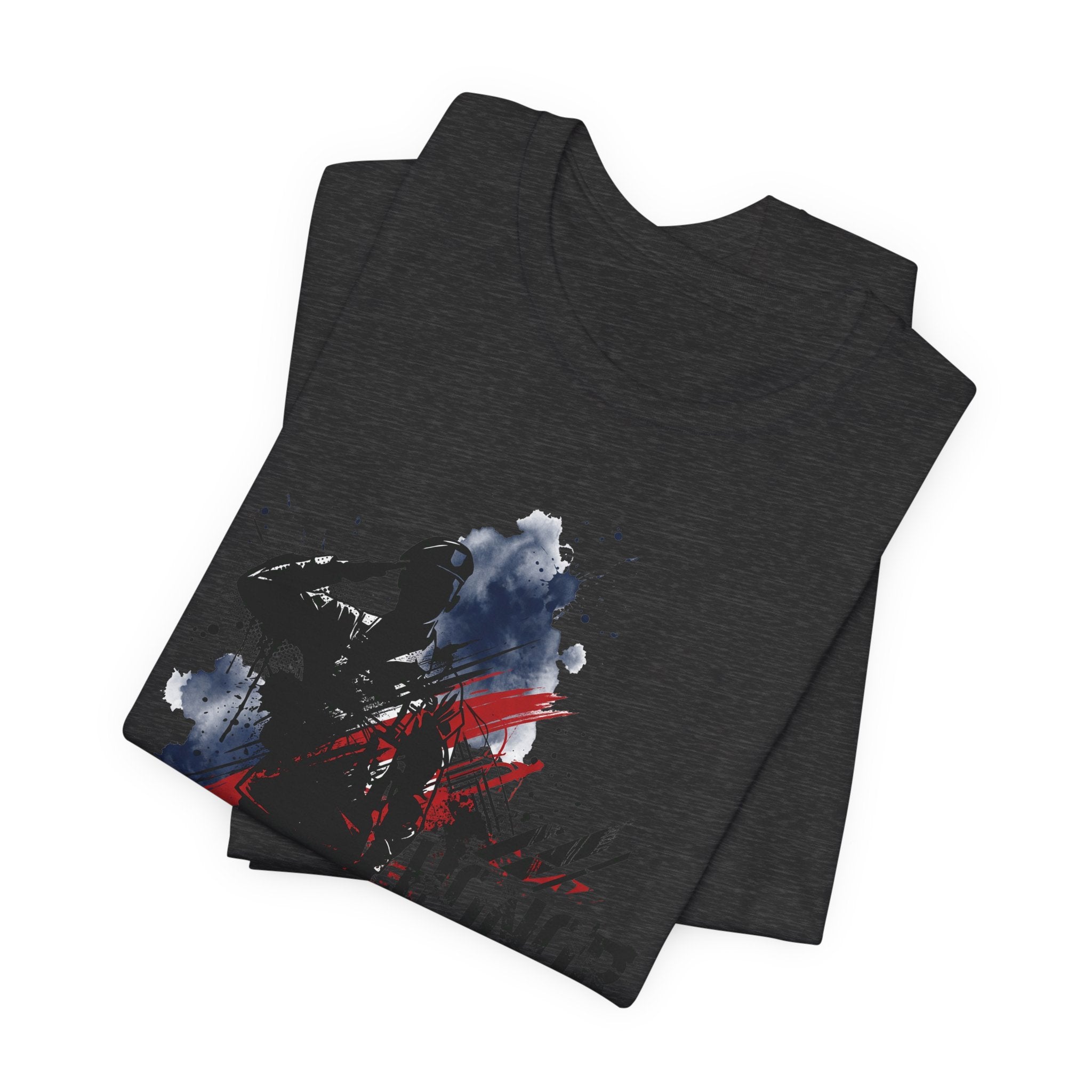 Dark heather T-shirt with soldier silhouette graphic and red-blue splatter paint effect