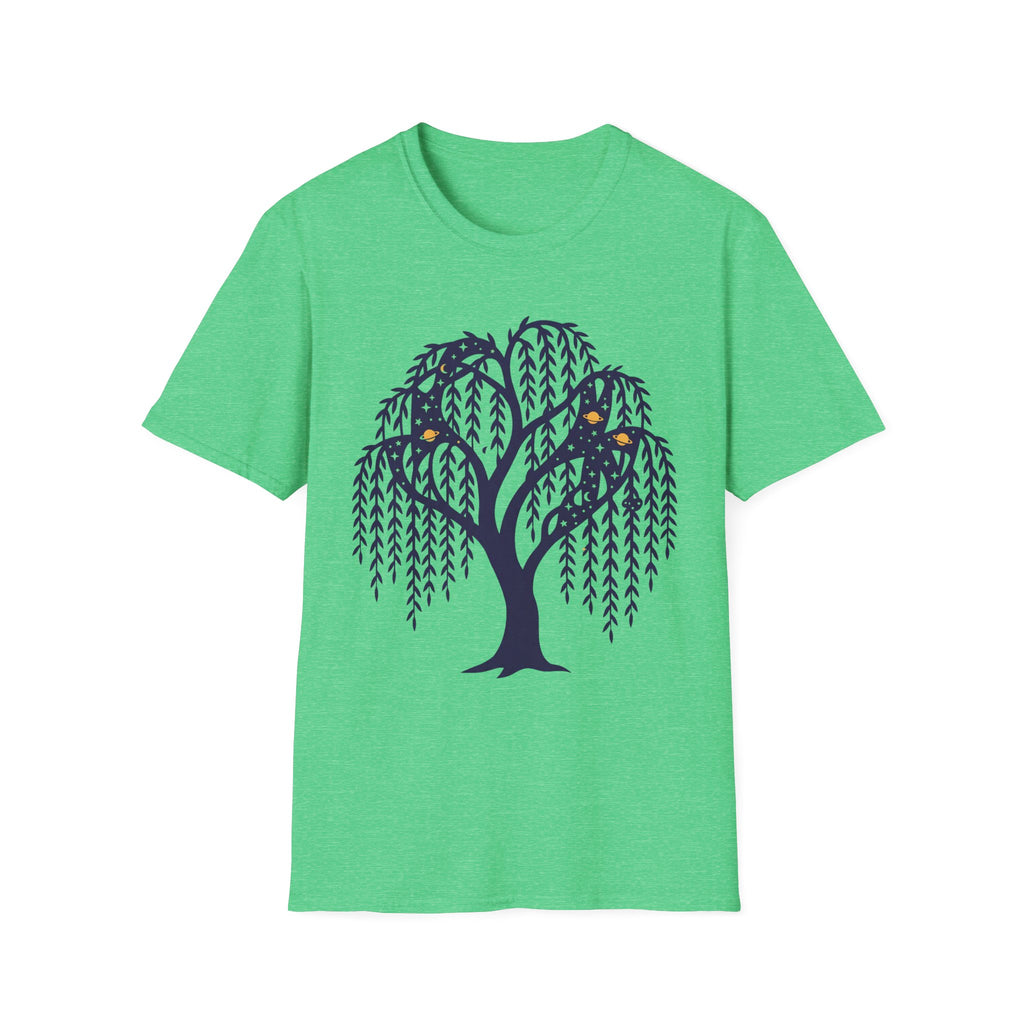 Green T-shirt with dark blue weeping willow night owl tree graphic