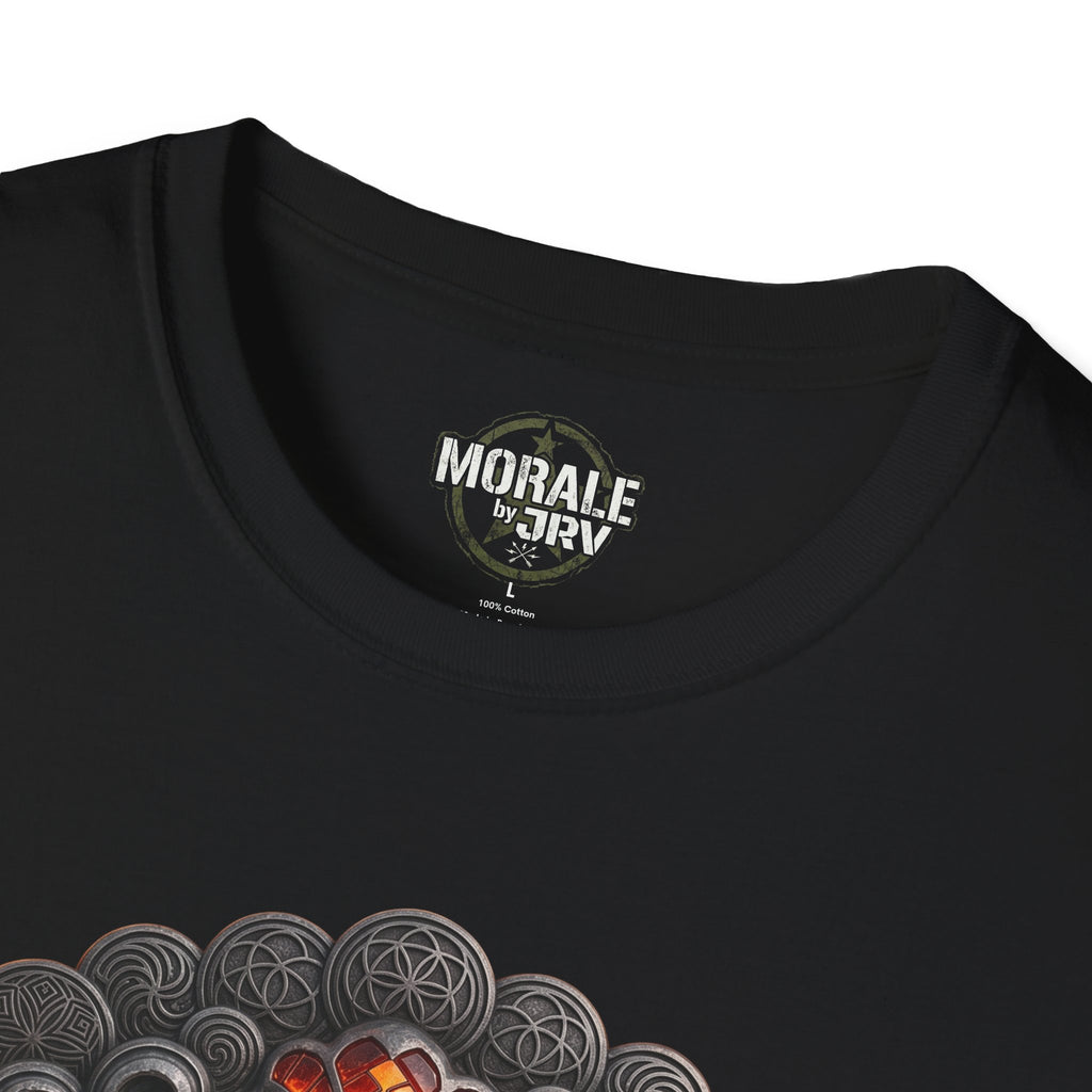 Black T-shirt neckline logo with partial circular vortex graphic
