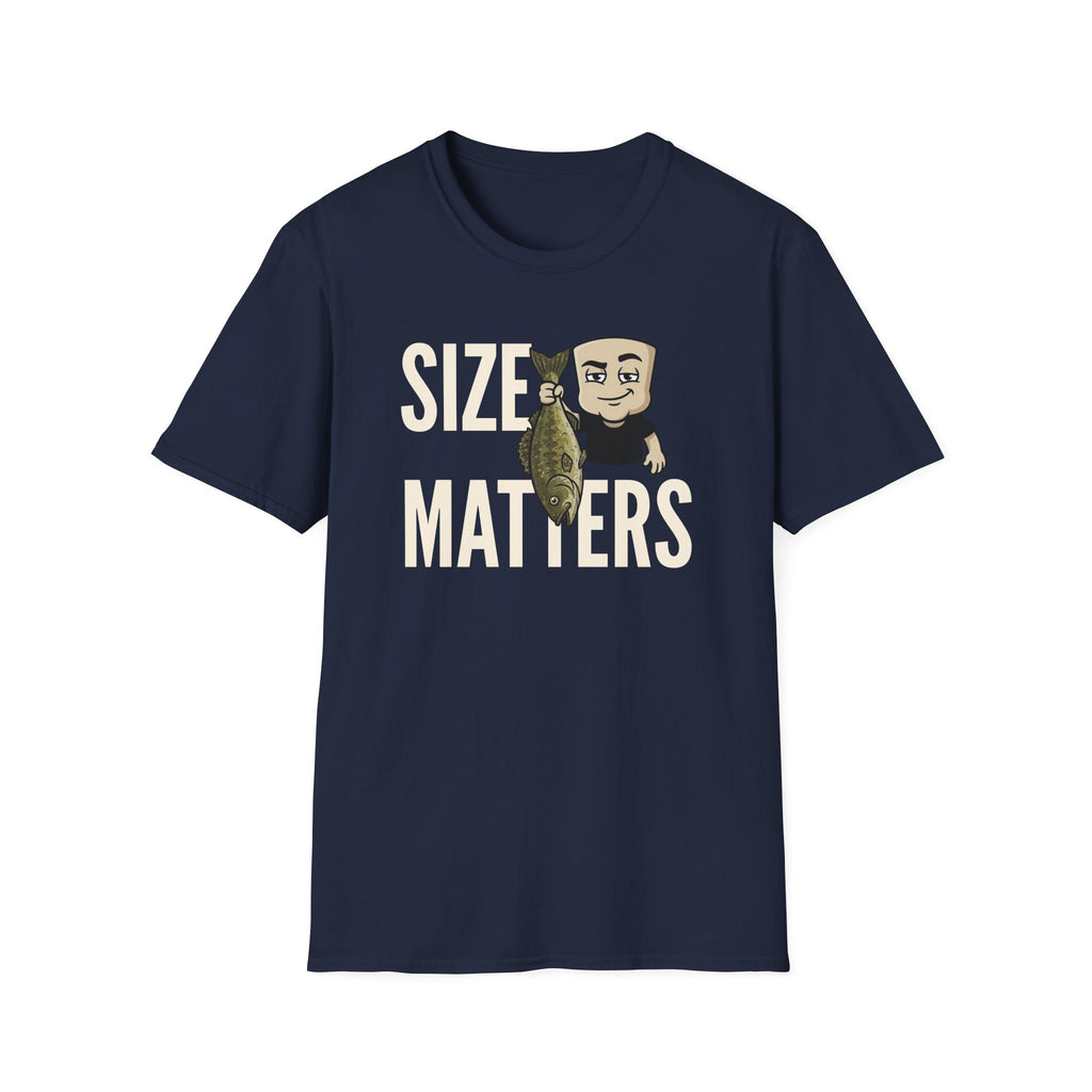 Navy T-shirt with “SIZE MATTERS” text and a cartoon fisherman holding a fish.