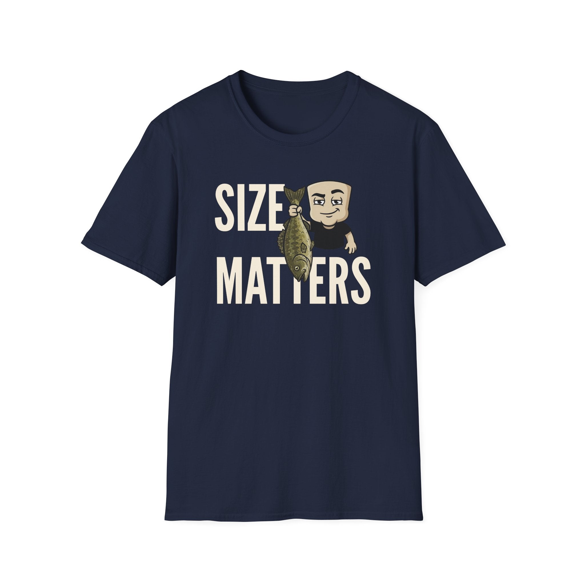 Navy T-shirt with “SIZE MATTERS” text and a cartoon fisherman holding a fish.