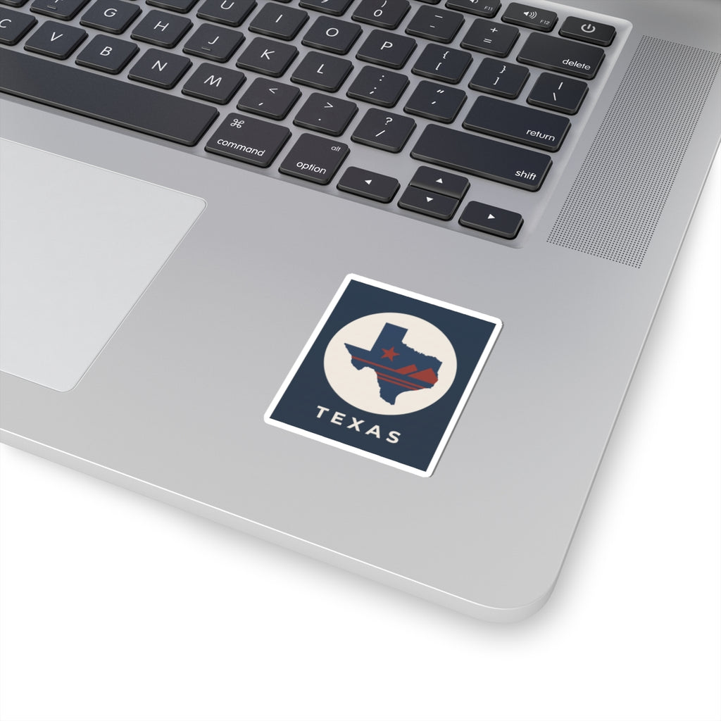 Square Texas retro badge sticker in blue and tan, centered on white backing.