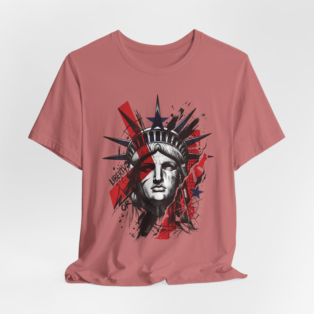Dusty rose graphic T-shirt with Statue of Liberty portrait in red, black, and white
