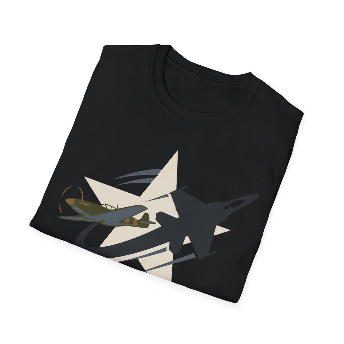 Black crew-neck T-shirt with colorful military airplane graphic on chest.