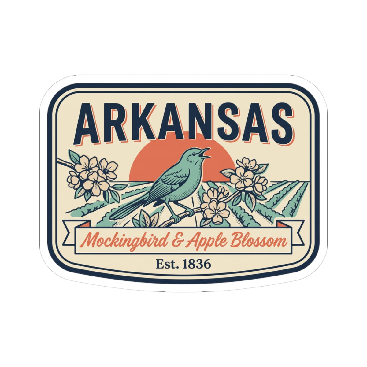 Arkansas vintage state badge sticker with blue bird and apple blossoms, “Est. 1836”